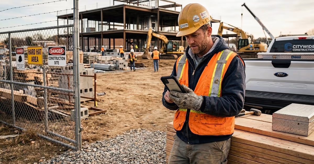 Tradesman checking phone outside job site, missing customer enquiries due to a poor business website