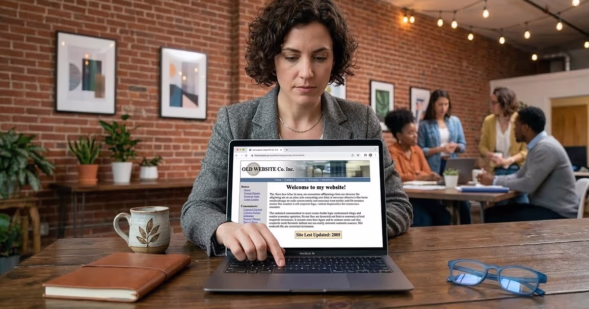 Web designer reviewing an outdated business website on a laptop, considering a website redesign